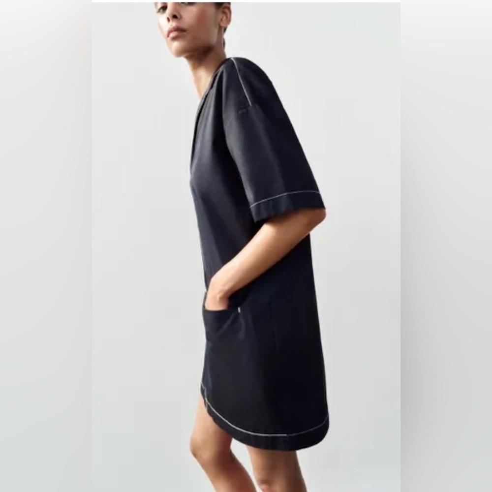 Zara POPLIN DRESS WITH CONTRAST TOPSTITCHING Navy blue xs - Picture 3 of 9
